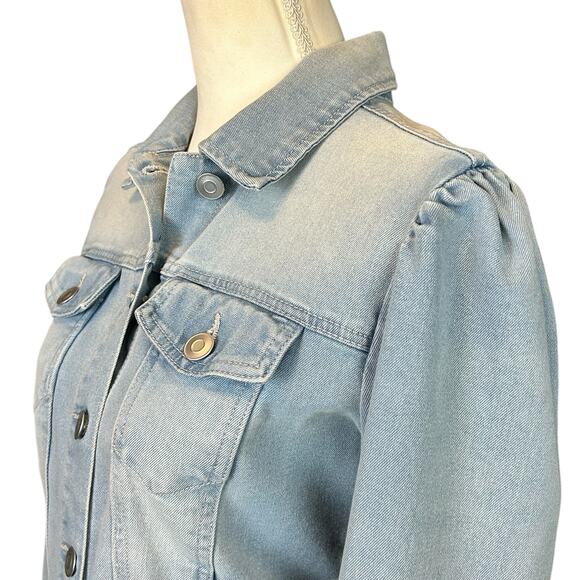Baccini Jacket Women Petite Sz PS Light Blue Wash Cropped Ruched Shoulders Denim - Picture 2 of 12